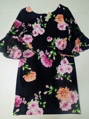 Chico's Women's Floral Print Navy Shift Dress Sheer Bell 3/4 Sleeve SIZE 00 NWT